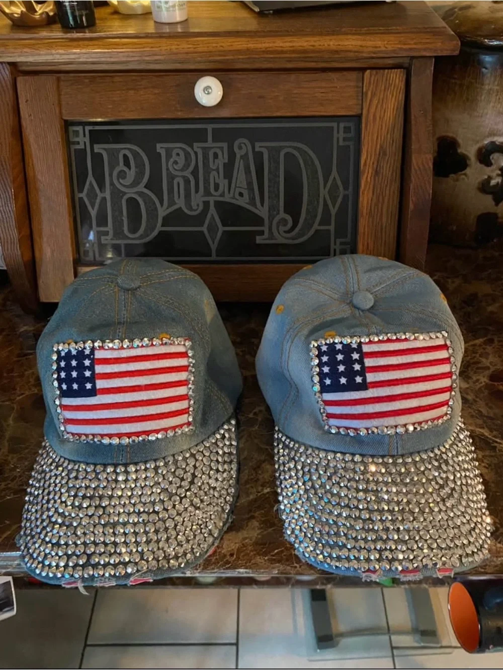Adult Rhinestone Flag Denim Cap - Blue. $20 each.